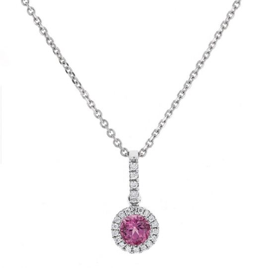 14K White Gold Round Pink Spinel & Diamond Halo Pendant