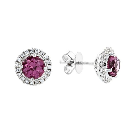 14K White Gold Round Pink Spinel & Diamond Halo Post Earrings