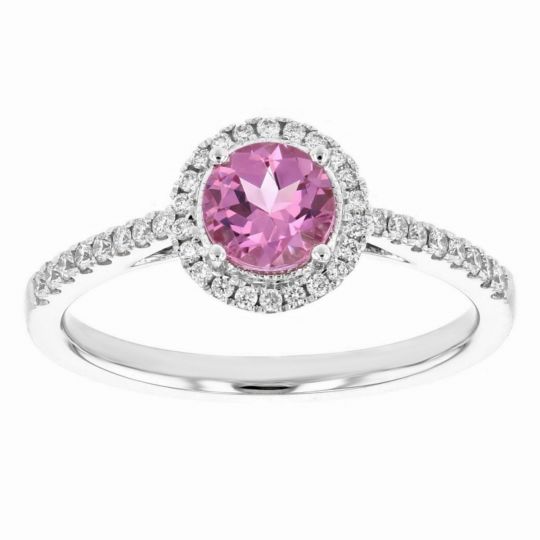 14K White Gold Round Pink Spinel & Diamond Halo Ring