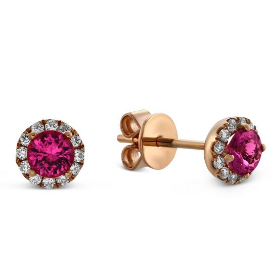 14K Rose Gold Pink Tourmaline & Diamond Halo Earrings