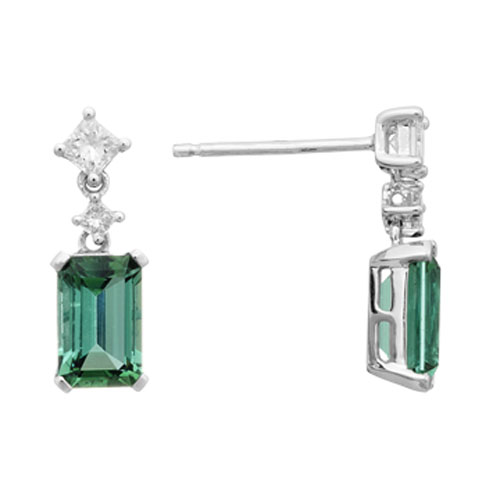 14K White Gold Emerald Cut Green Tourmaline & Diamond Dangle Earrings