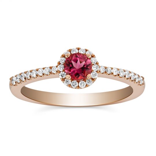 14K Rose Gold Round Pink Tourmaline & Diamond Halo Ring