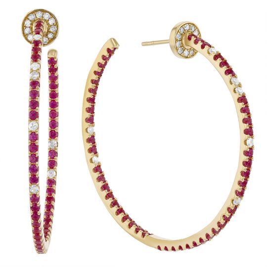 14K Yellow Gold Ruby & Diamond Inside Out Hoop Earrings