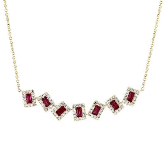 14K Yellow Gold Ruby Baguette Framed Necklace, 18"