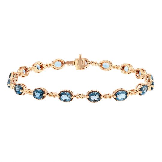 14K Rose Gold Oval Blue Topaz Milgrain Infinity Link Bracelet, 7"