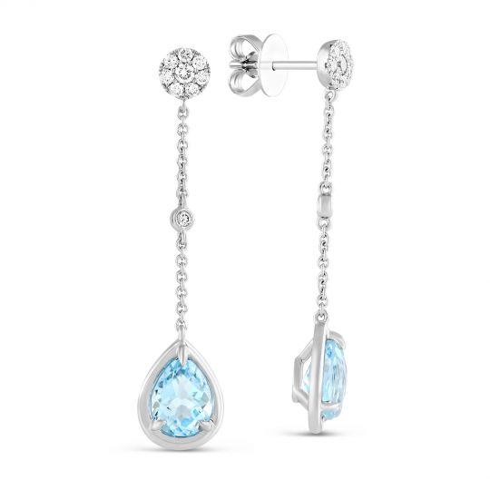 14K White Gold Pear Shaped Blue Topaz & Diamond Drop Earrings
