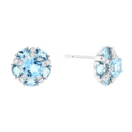 14K White Gold Blue Topaz & Diamond Flower Stud Earrings