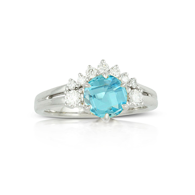 Doves 18K White Gold Round Blue Topaz & Diamond Crown Ring
