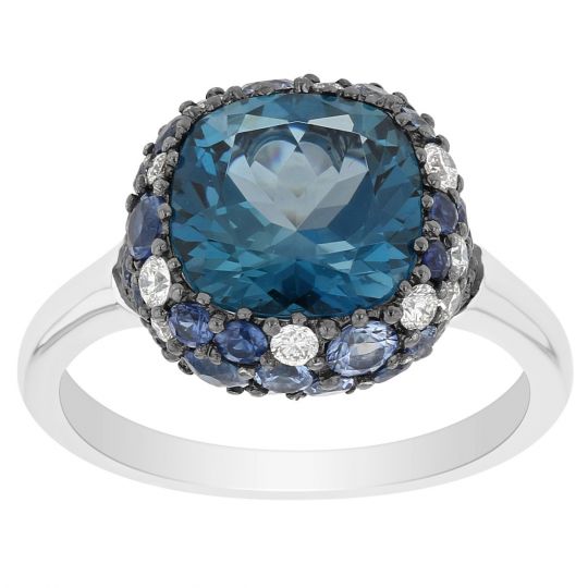18K White Gold Cushion Blue Topaz Ring with Sapphire & Diamond Cluster Halo