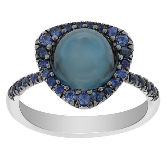 18K White Gold Round Cabochon London Blue Topaz Ring with 3 Point Sapphire Halo & Shank