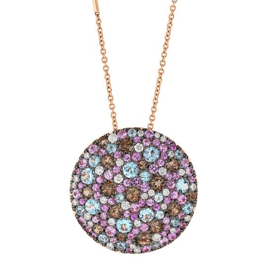 18K Rose Gold Blue Topaz, Diamond, Pink Sapphire & Smoky Quartz Circle Pendant, 30"