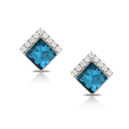 Doves 18K White Gold Square London Blue Topaz & Diamond Chevron Post Earrings