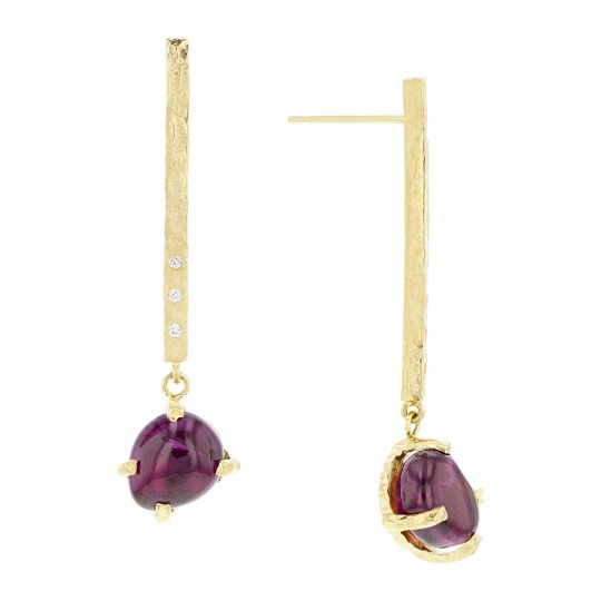 14K Yellow Gold Cabochon Purple Garnet & Diamond Hammered Bar Drop Earrings
