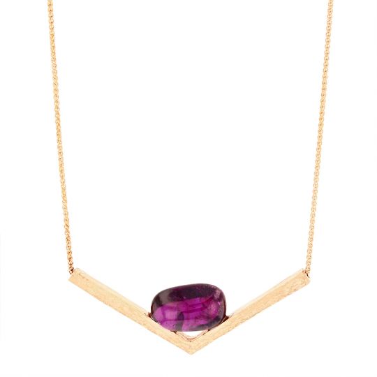 14K Rose Gold Cabochon Purple Garnet Chevron Hammered Necklace, 18.5"