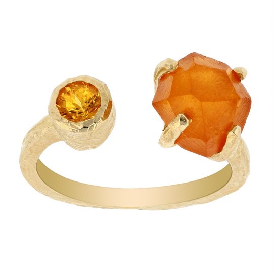 14K Yellow Gold Freeform & Round Spessartine Mandarin Garnet Hammered Open Ring