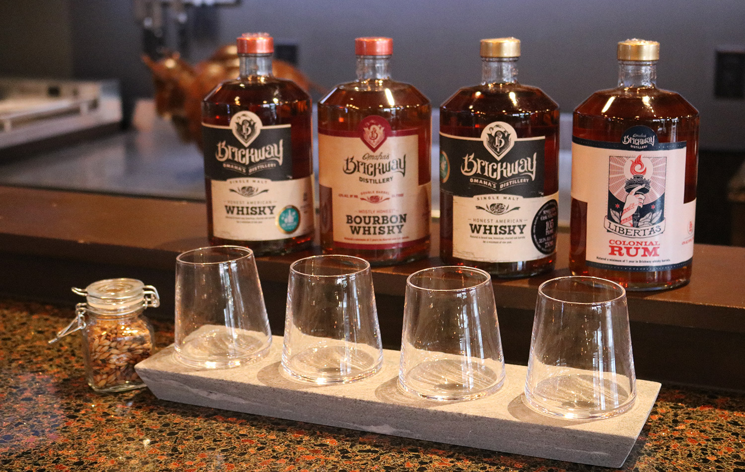 brickway whisky, bourbon and rum flight. simon pearce whiskey glass set with soapstone base