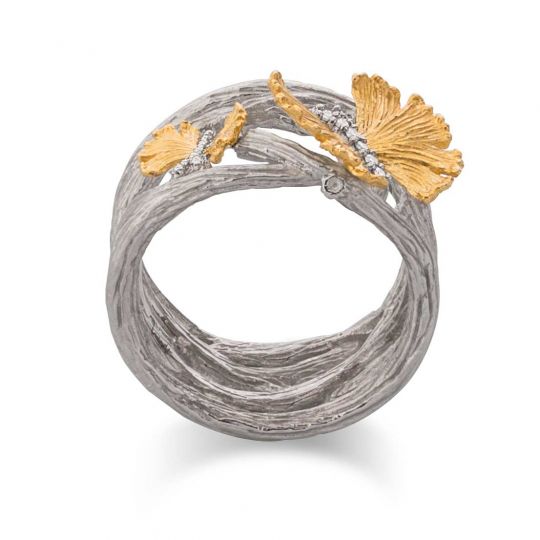 Michael Aram Sterling Silver & 18K Yellow Gold Diamond Butterfly Ginkgo Twig Ring