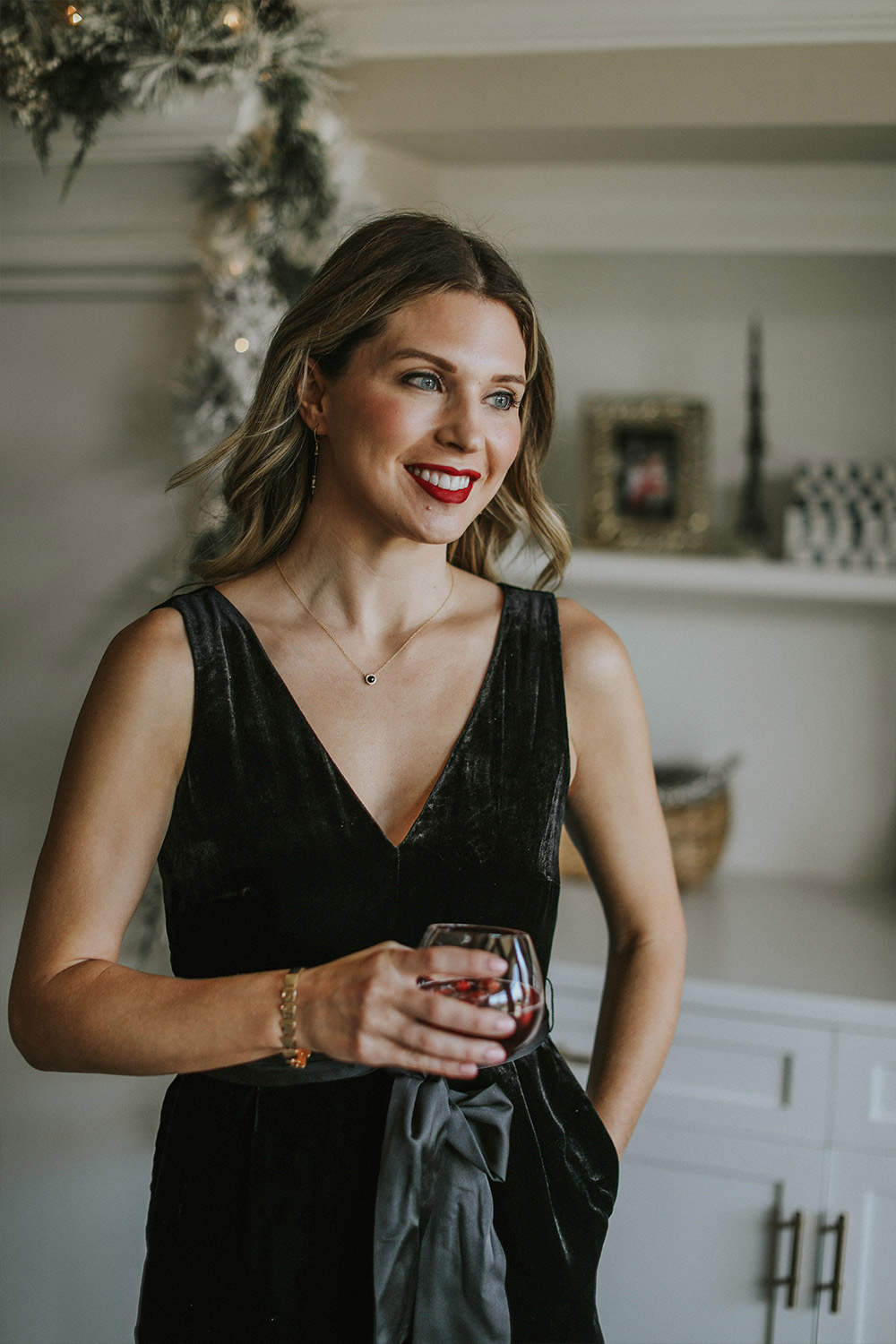 blushing momma holiday party look