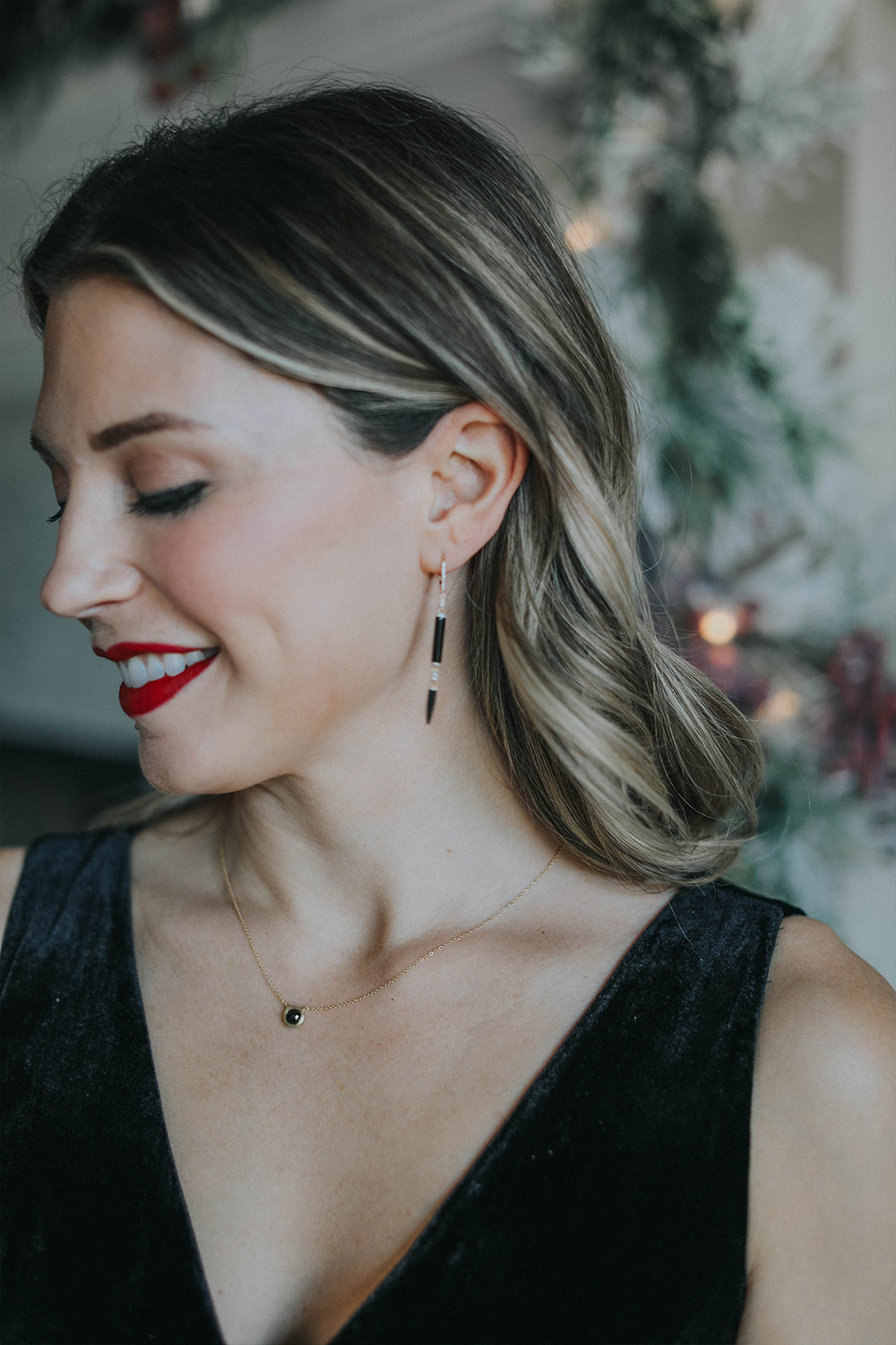 blushing momma holiday party look