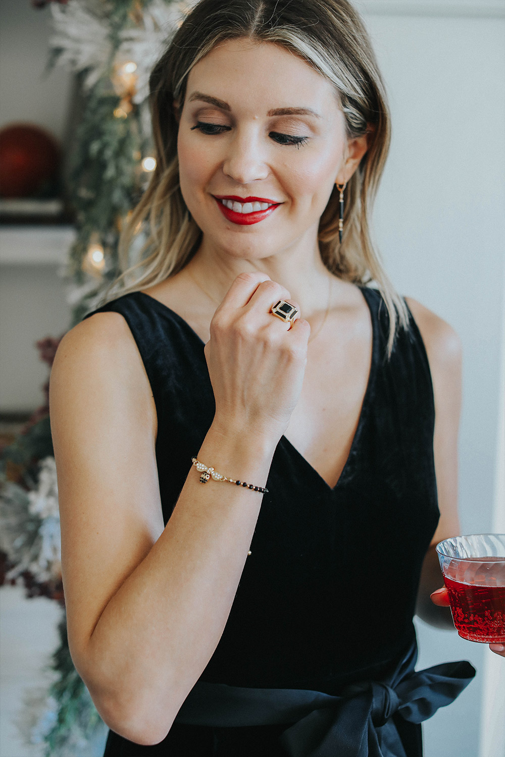 blushing momma holiday party look