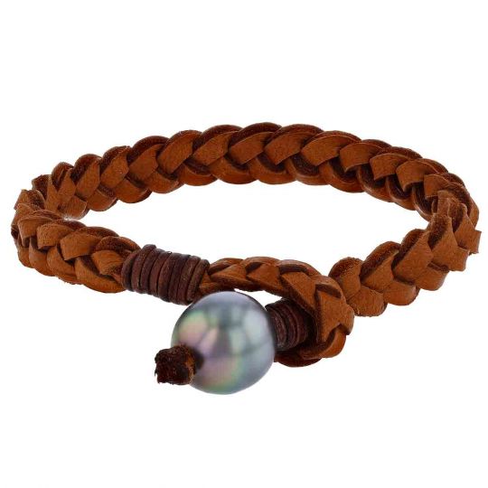 braided leather bracelet with pearl toggle