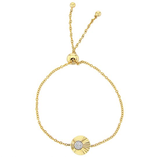yellow gold diamond pave disc bracelet with bolo clasp