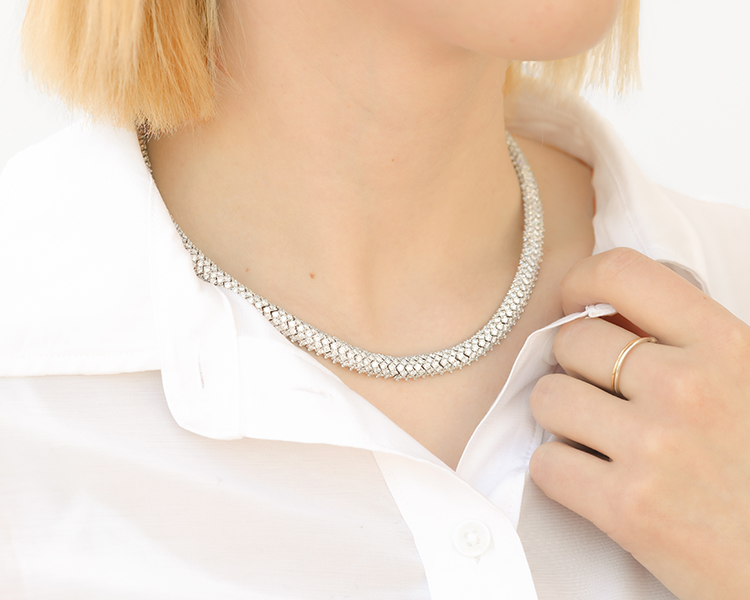 diamond collar necklace with white shirt