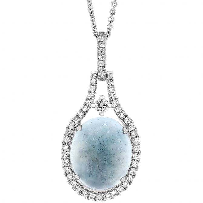 Oval Aquamarine Cabochon Pendant with Open Diamond Halo in White Gold