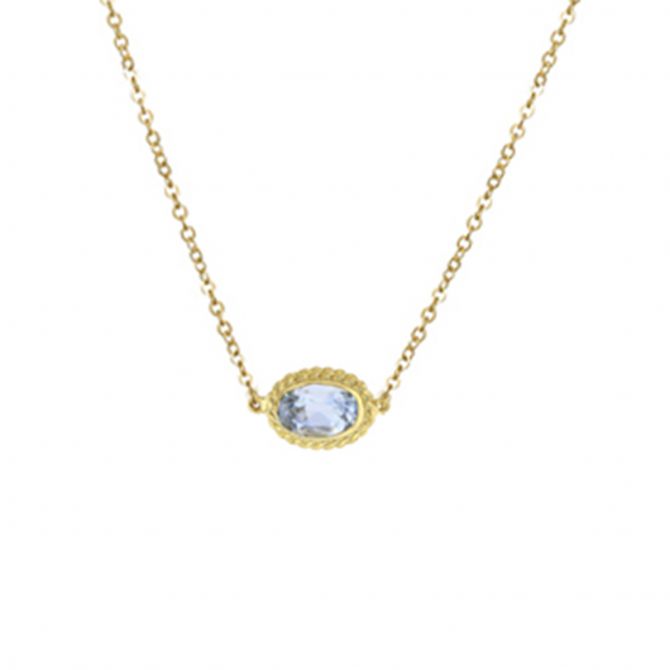 Oval Aquamarine Rope Bezel Necklace in Yellow Gold