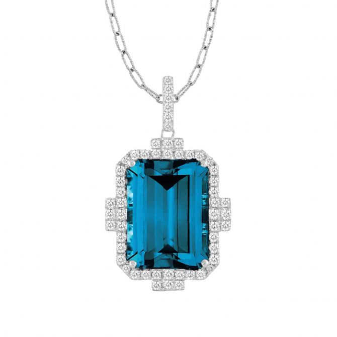 Emerald Cut Topaz & Diamond Halo Pendant in White Gold