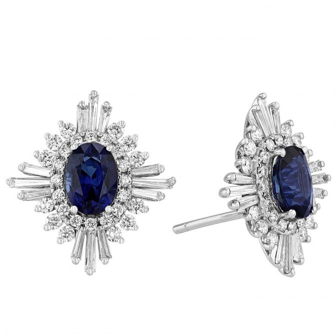 Oval Sapphire & Diamond Baguette 4 Point Star Halo Post Earrings in White Gold