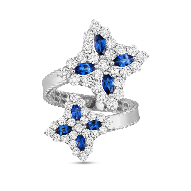 Roberto Coin Princess Flower Bypass Ring with Diamond & Sapphire in White Gold