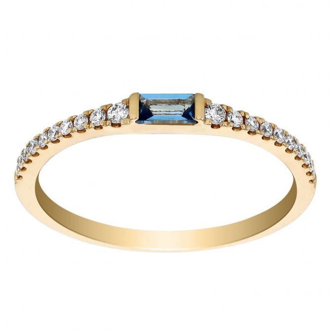 Aquamarine Baguette & Diamond Shank Stacking Ring in Yellow Gold