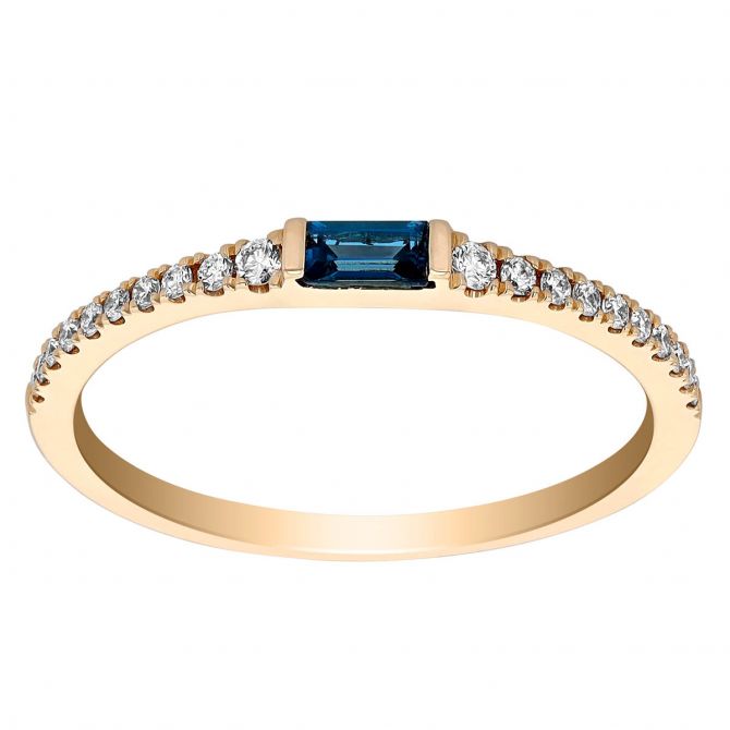 London Blue Topaz Baguette & Diamond Shank Stacking Ring in Yellow Gold
