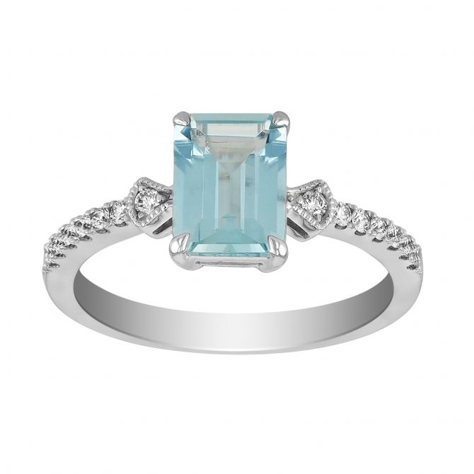 Emerald Cut Aquamarine Ring with Diamond Shank in White Gold