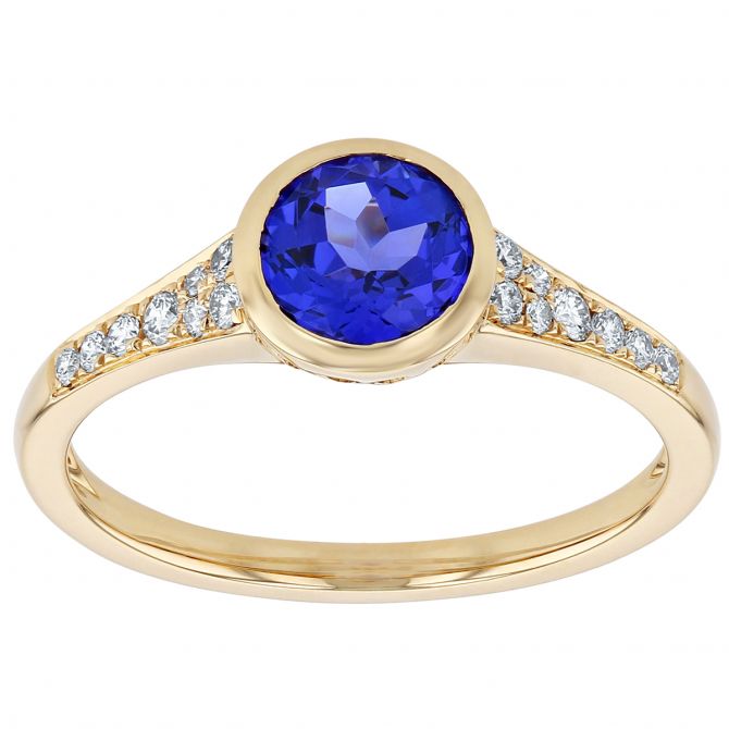 Round Tanzanite Bezel Set Ring with Diamond Pave Tapered Shank in Yellow Gold