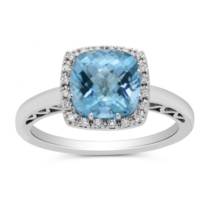 Cushion Blue Topaz & Diamond Ring in White Gold