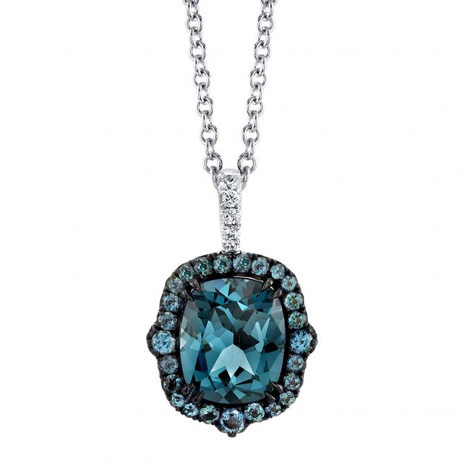 Cushion Blue Spinel, Alexandrite & Diamond Halo Pendant in White Gold