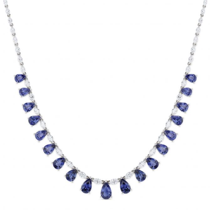 Pear Shaped Sapphire & Marquise Diamond Fringe Necklace in White Gold