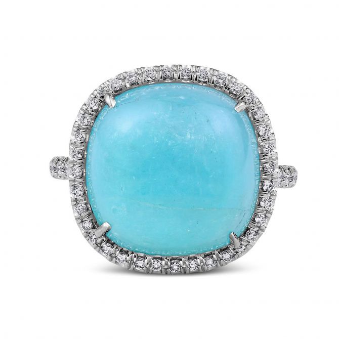 Cat's Eye Cabochon Cushion Paraiba Ring with Pave Diamond Halo in White Gold, Size 6.5