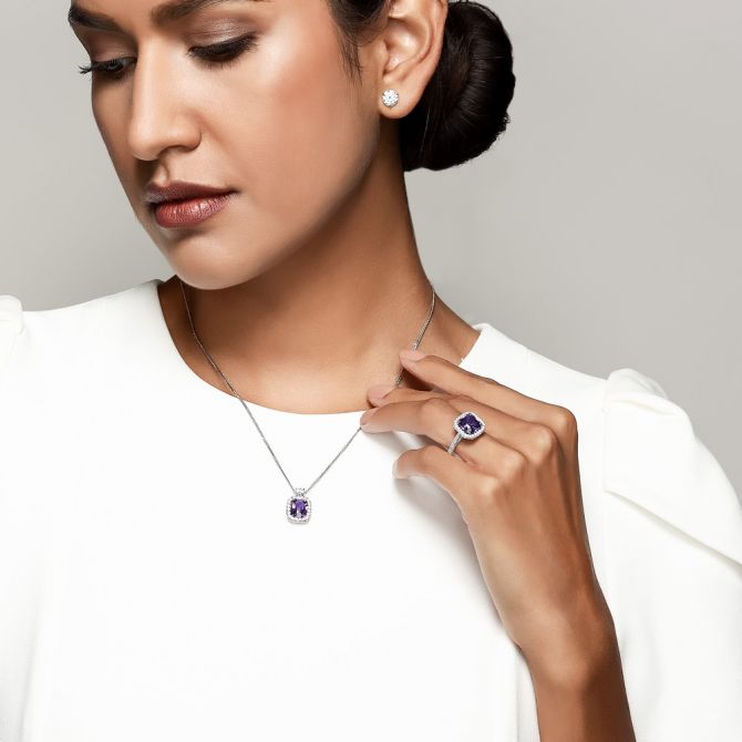 purple sapphire necklace and ring on model