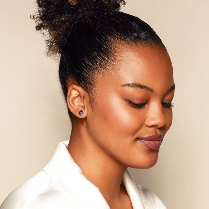amethyst earrings on female model 