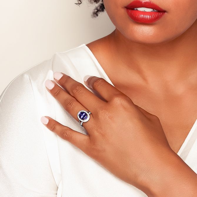 Tanzanite ring on female model