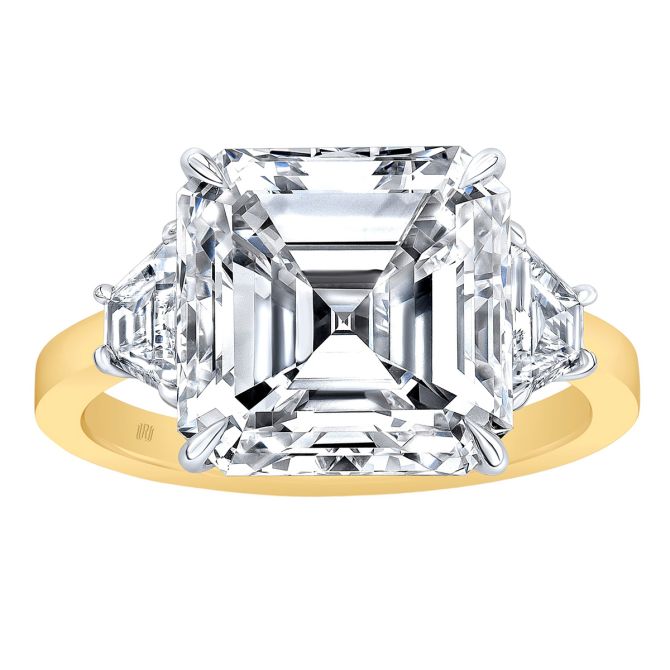 Asscher Diamond Ring Asscher Cut & Trapezoid Diamond 3 Stone Ring in Platinum & Yellow Gold, 5.80 cttw