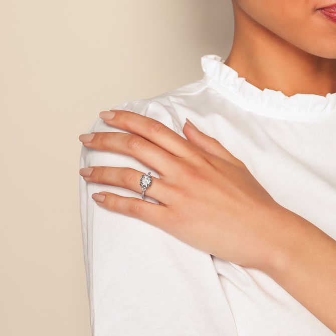 Round Dia Engagment Ring Round & Pear Shape Diamond Side Stone Engagement Ring in White Gold