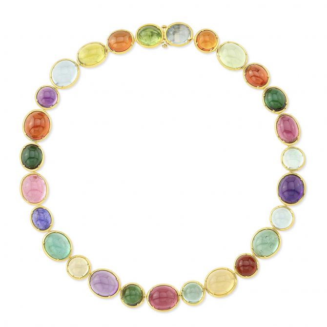 Statement Necklace Rahaminov Multiple Gemstone Cabochon Collar Necklace in Yellow Gold, 15.5"