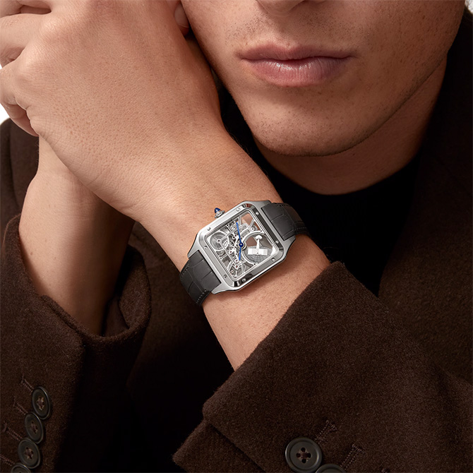 Crtr Santos Dumont Cartier Santos Dumont Micro Rotor 31mm Watch, Silvered Skeleton Dial