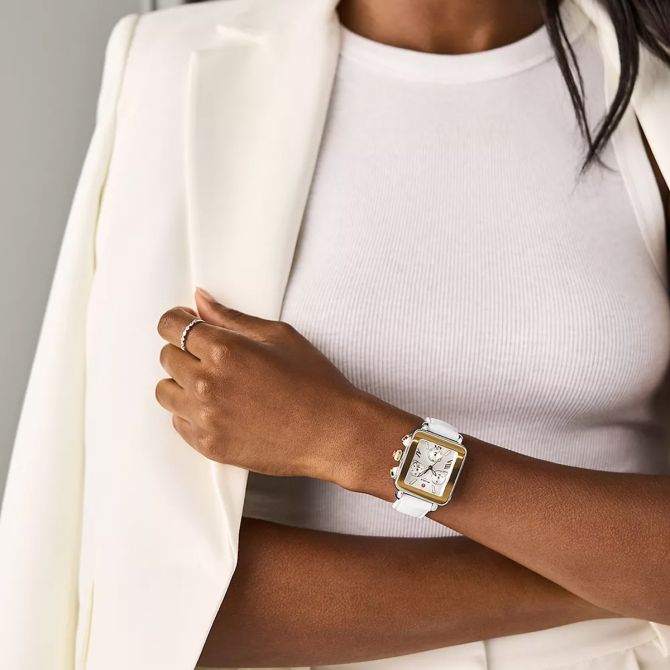 Michele Deco Sport Michele Deco Sport Chronograph Gold Plated White Silicone 36mm Women's Watch, Silver Dial