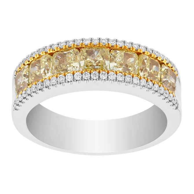 Borsheims Cushion Cut Fancy Yellow Diamond & Round White Diamond Ring in White Gold