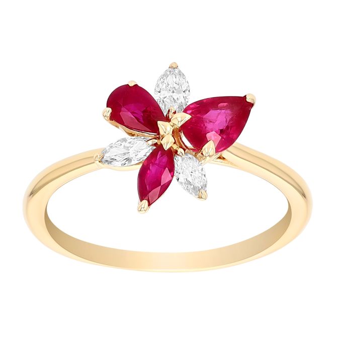 Ruby and diamond floral cluster ring